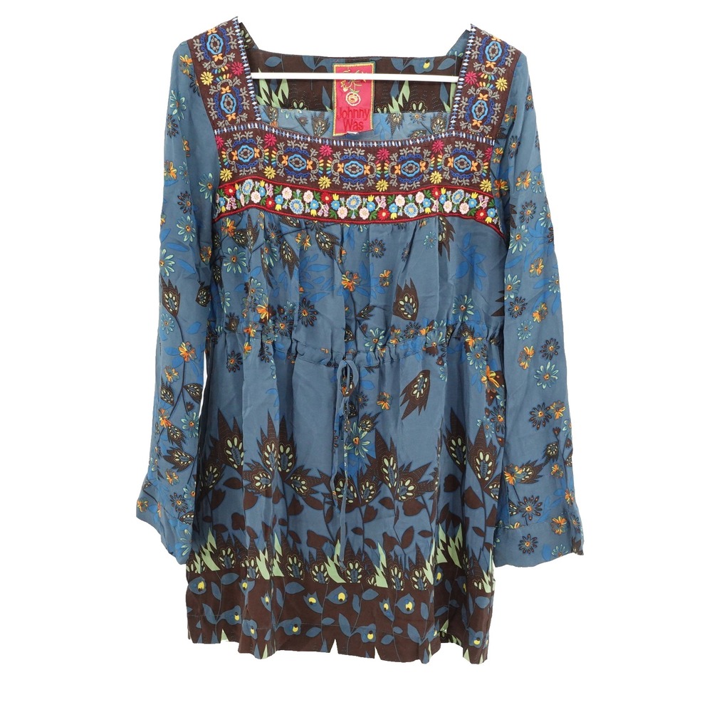 Johnny Was Blouse SZ S Embroidered Floral Silk Tunic Boho Cottagecore Artsy